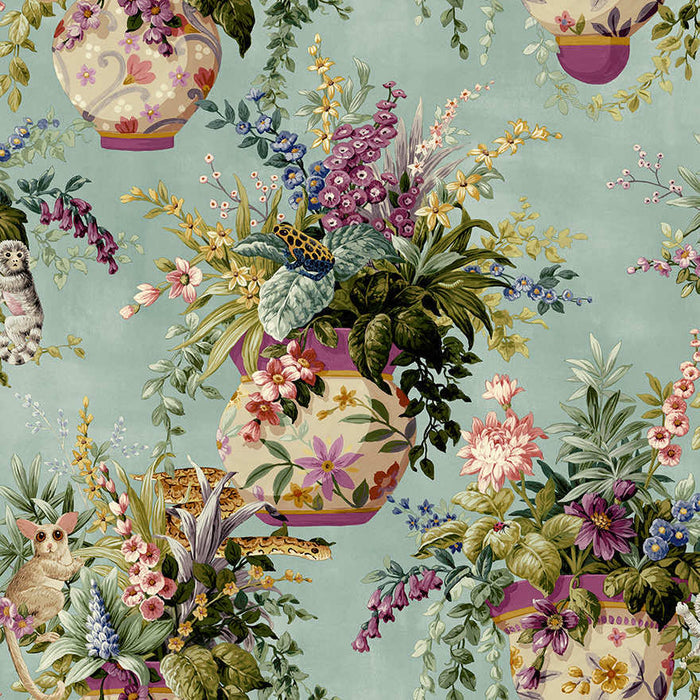 Rivara - Vase and Wildlife Wallpaper - Soft Teal - Discontinuing
