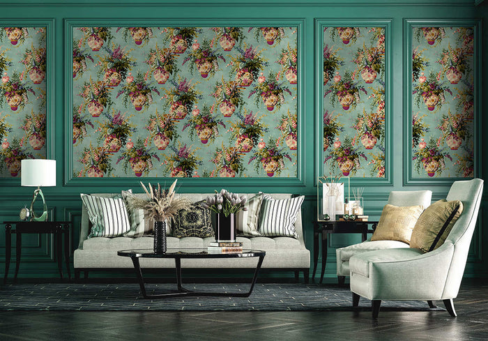 Rivara - Vase and Wildlife Wallpaper - Soft Teal - Discontinuing