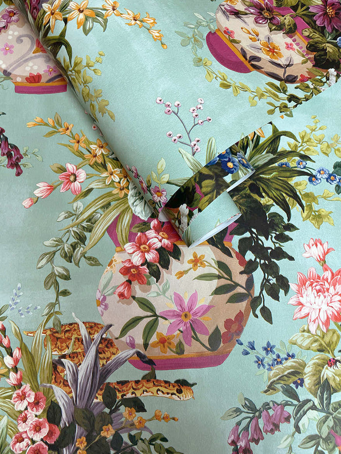 Rivara - Vase and Wildlife Wallpaper - Soft Teal - Discontinuing