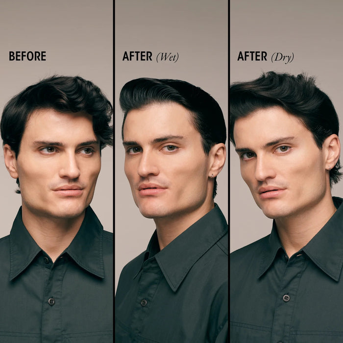 Shop Rescue Spa Rock Hard Gel showing before, wet-look, and dry-look hair styling results on a male model.