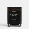 Shop Rescue Spa Rose de Mai Grasse scented candle in a sleek black glass jar with silver text