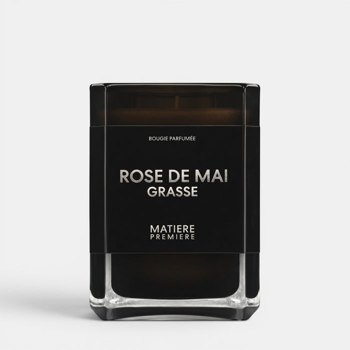 Shop Rescue Spa Rose de Mai Grasse scented candle in a sleek black glass jar with silver text