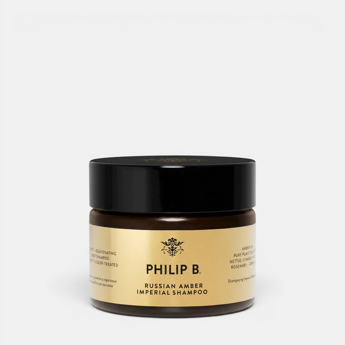 Shop Rescue Spa Philip B. Russian Amber Imperial Shampoo in a dark brown jar with a gold label.