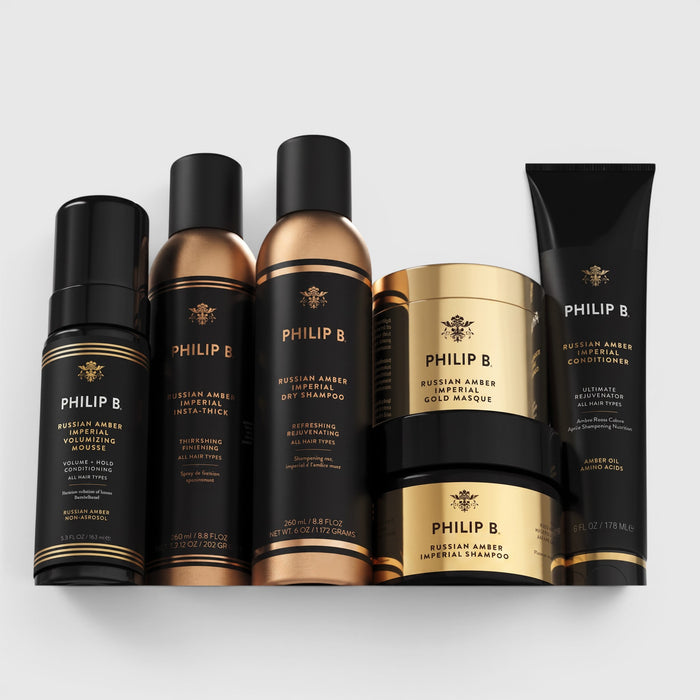 Shop Rescue Spa collection of Philip B Russian Amber hair care products including mousse, shampoo, and gold masque.