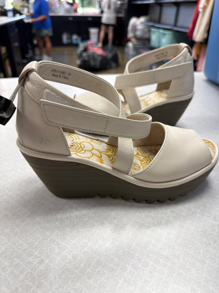 Sandals Heels Wedge By Fly London In Cream, Size:6