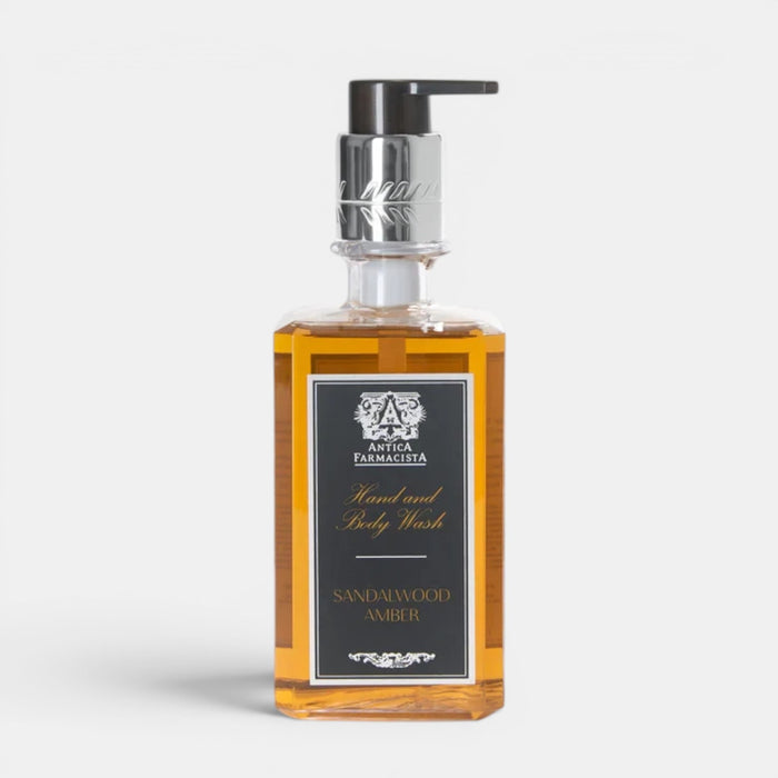 Shop Rescue Spa Antica Farmacista Sandalwood Amber hand and body wash in a clear bottle with a silver pump dispenser.