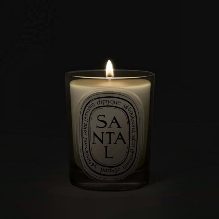 Shop Rescue Spa Diptyque Santal scented candle in a glass vessel with a glowing flame against a dark background