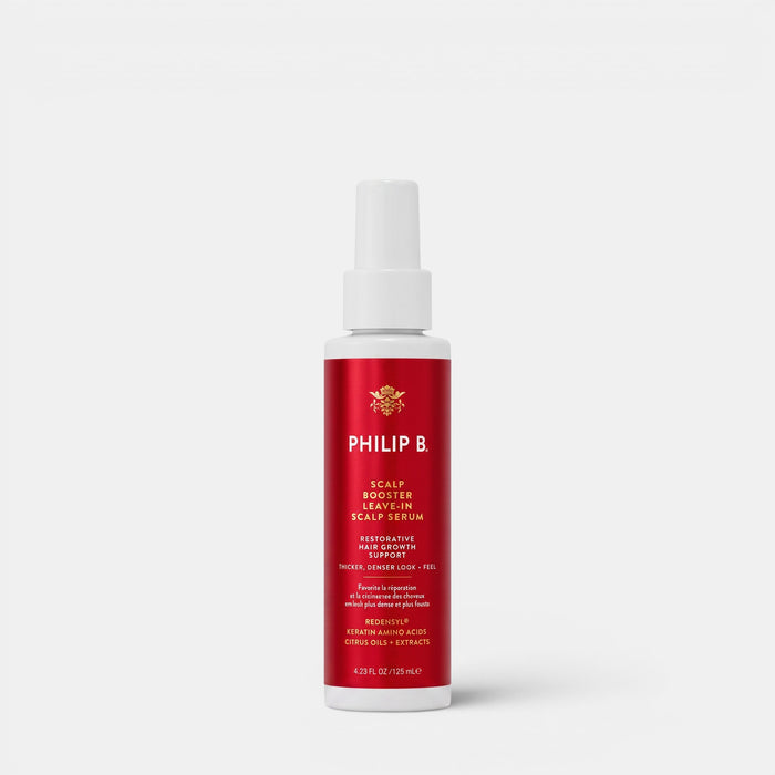 Shop Rescue Spa Philip B Scalp Booster leave-in serum in a red spray bottle for hair growth support.