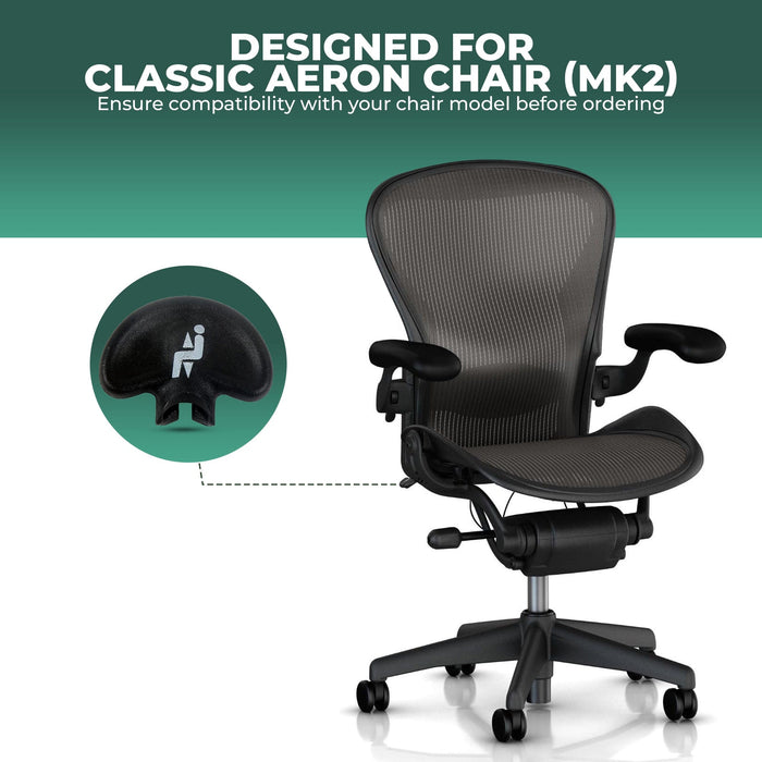 Herman Miller Aeron chair with close-up of replacement seat height button knob, Office Logix Shop