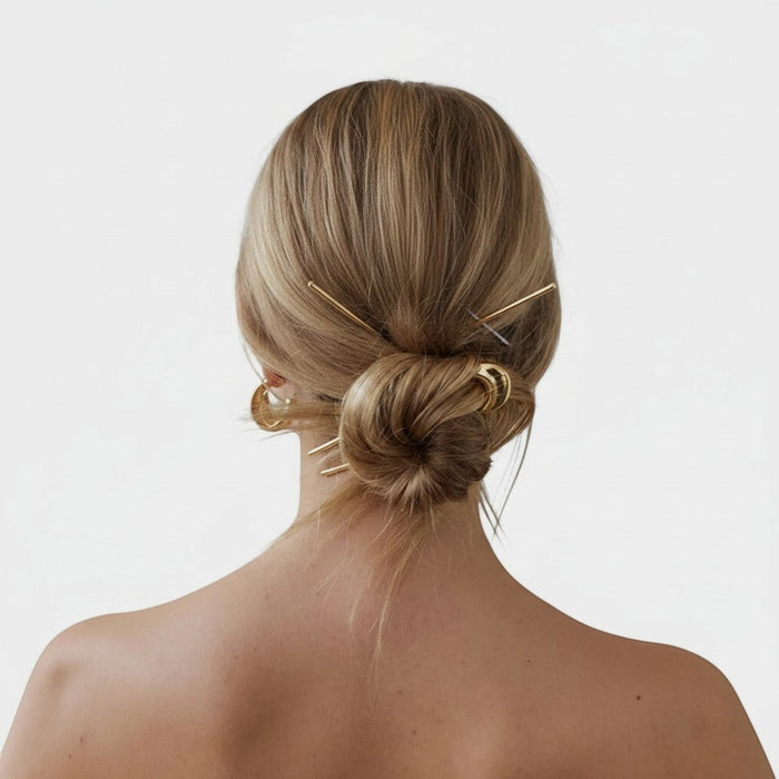 Shop Rescue Spa Selene Glossy Hair Pin in gold-plated brass, a modern hair accessory for updos.