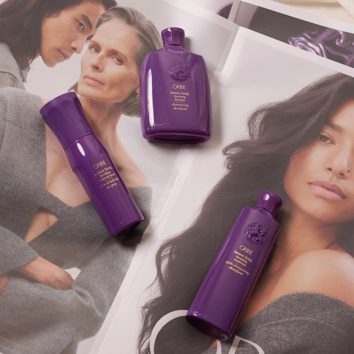 Shop Rescue Spa Oribe Serene Scalp densifying treatment spray, shampoo, and conditioner bottles on a magazine spread.