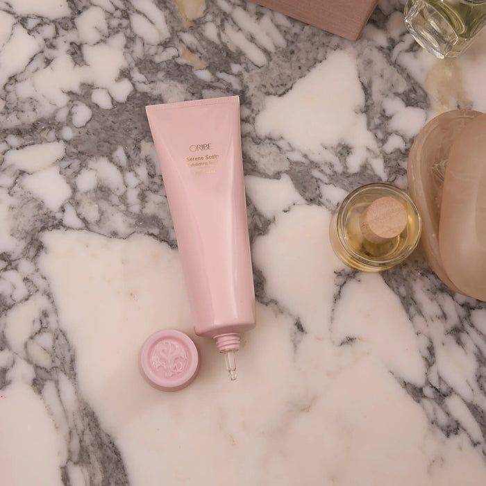 Shop Rescue Spa pink tube of Serene Scalp Exfoliating Scrub with cap off, showing applicator tip.