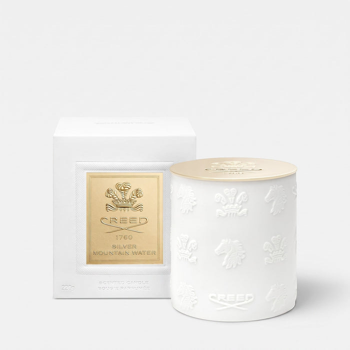 Shop Rescue Spa Creed Silver Mountain Water scented candle in white embossed ceramic jar with gold lid and box