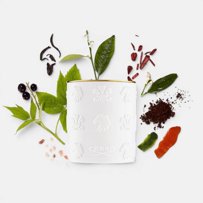 Shop Rescue Spa Silver Mountain Water candle in a white embossed jar surrounded by blackcurrant, tea leaves, and citrus