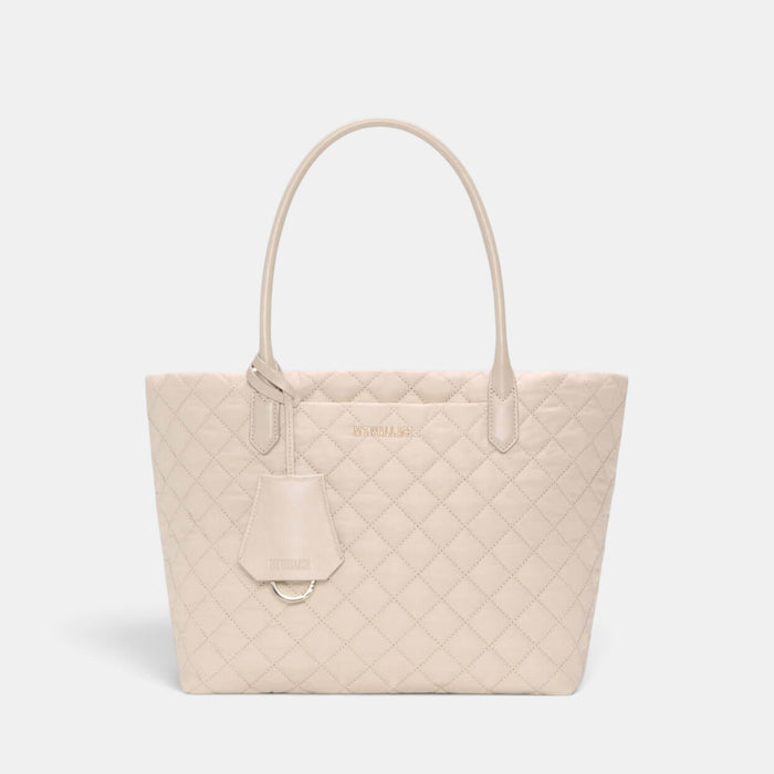 Shop Rescue Spa Sand Small Daily Tote in quilted beige nylon with Italian leather handles and light gold hardware.