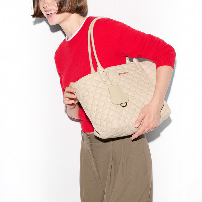 Shop Rescue Spa Sand Small Daily Tote in quilted beige nylon with Italian leather handles and gold hardware