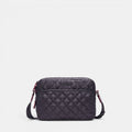 Shop Rescue Spa MZ Wallace black quilted nylon camera crossbody bag with leather trim and adjustable strap.