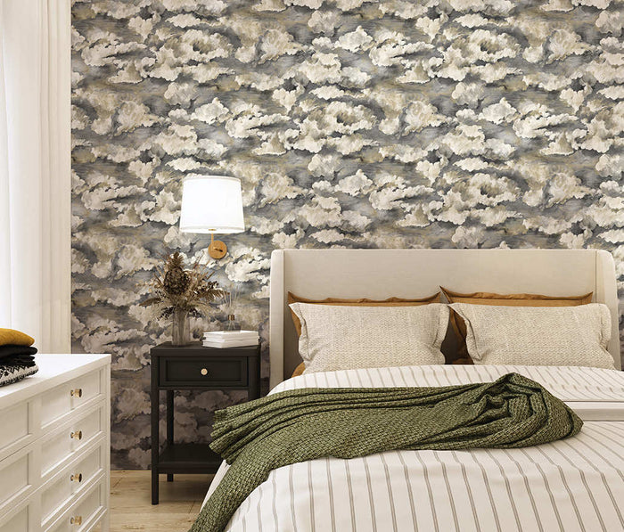 Sora Tranquil Cloud wallpaper in charcoal on a feature wall