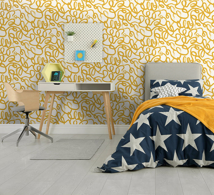 Squiggles Wallpaper - Ochre + White - Discontinuing
