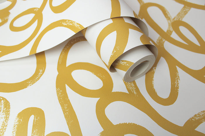 Squiggles Wallpaper - Ochre + White - Discontinuing