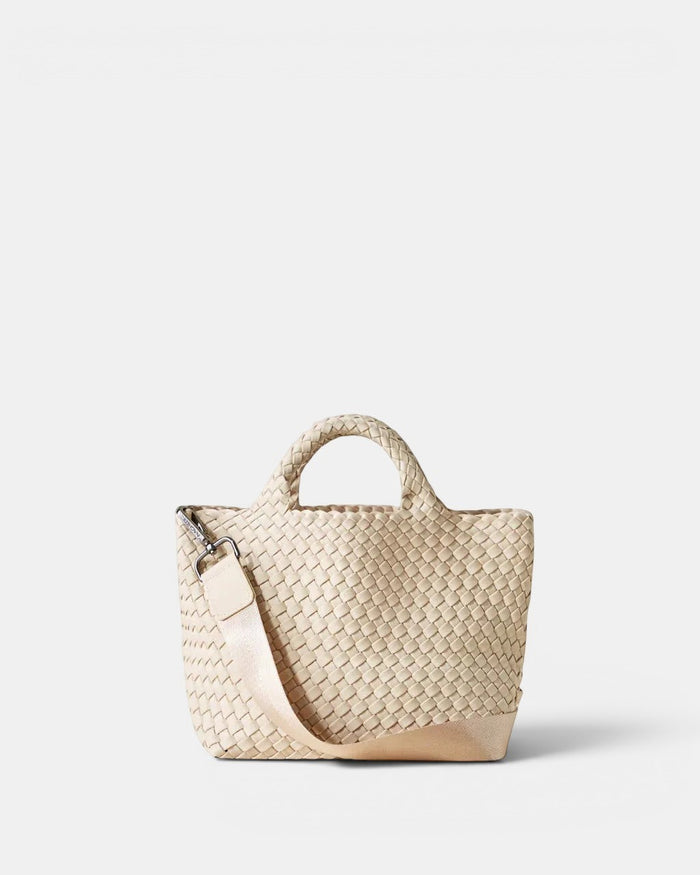 Shop Rescue Spa ecru woven neoprene mini tote bag with adjustable crossbody strap and matching pouch.