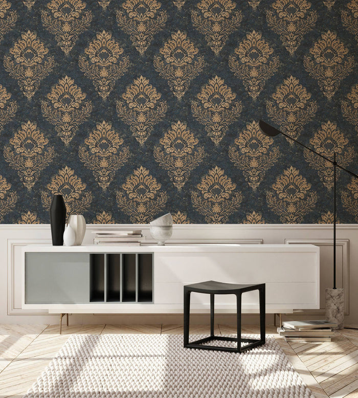 St. Petersberg Baroque Wallpaper - Navy
