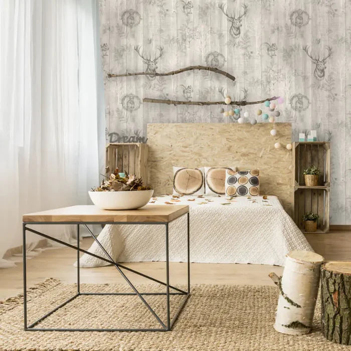 Stag Wood Panel Wallpaper – Beige/Metallic – Discontinuing