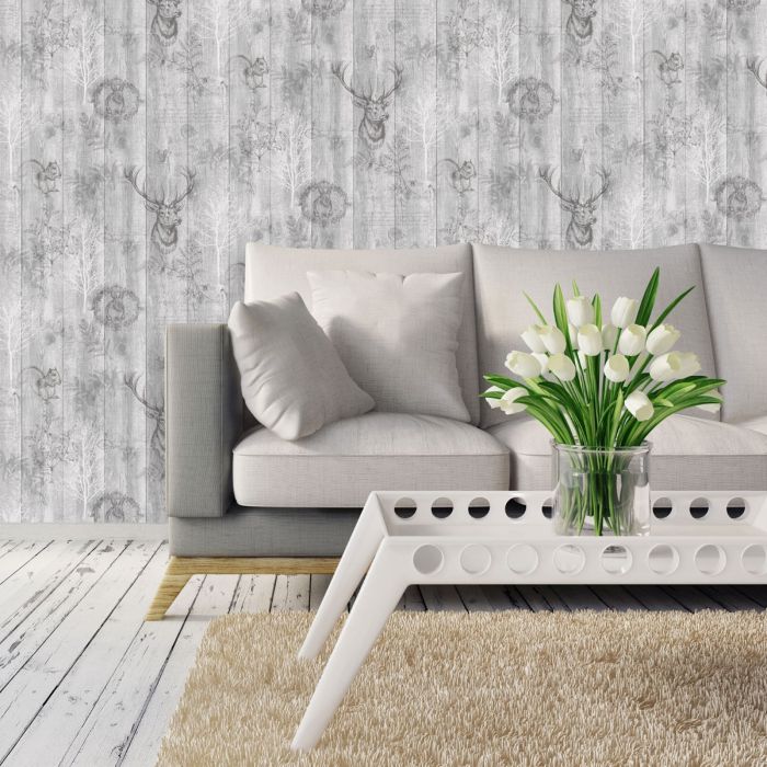 Stag Wood Panel Wallpaper – Grey – Discontinuing