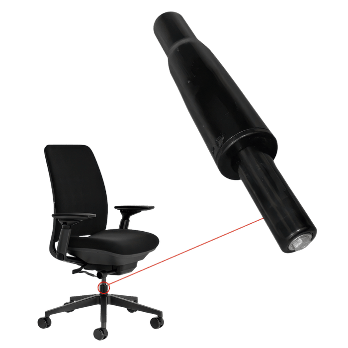Steelcase Amia compatible top-activated gas cylinder for office chair, black, with chair base shown