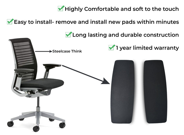 Steelcase Think office chair with replacement black arm pads and feature highlights from Office Logix Shop