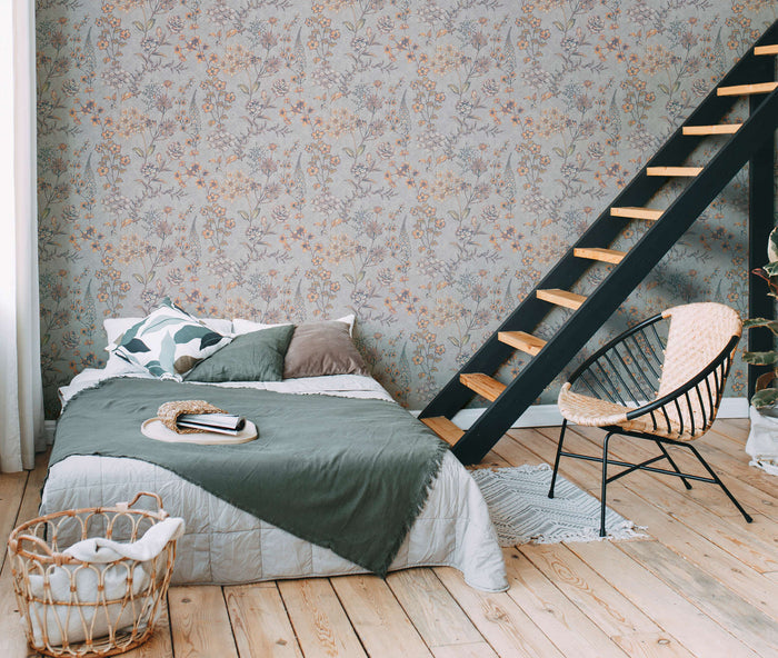 Stockholm Floral Wallpaper - Grey Orange