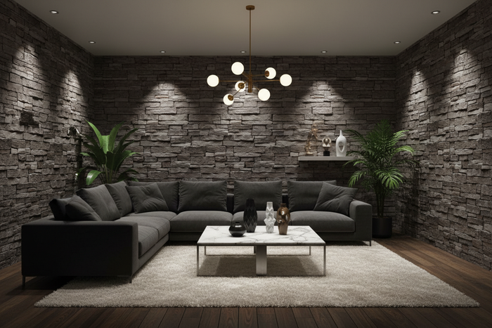 Lounge with Stone Works Smooth Wallpaper Dark