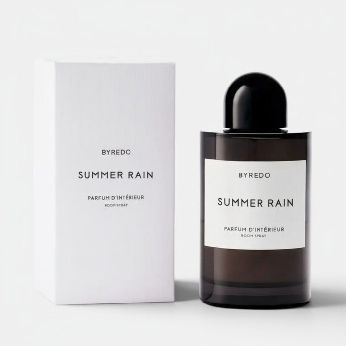 Shop Rescue Spa Byredo Summer Rain room spray in dark glass bottle with black cap and white label. Includes box.