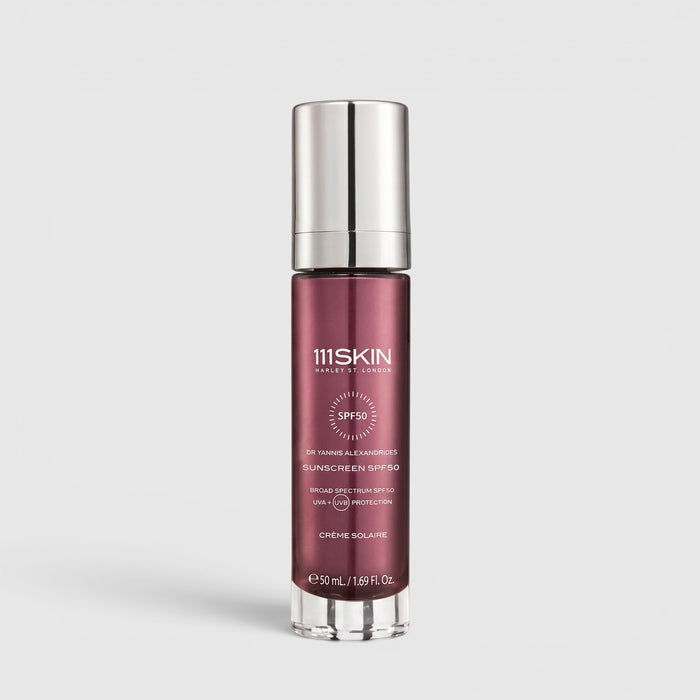 Shop Rescue Spa 111SKIN SPF50 broad-spectrum sunscreen in a sleek metallic burgundy pump bottle for daily UV protection.
