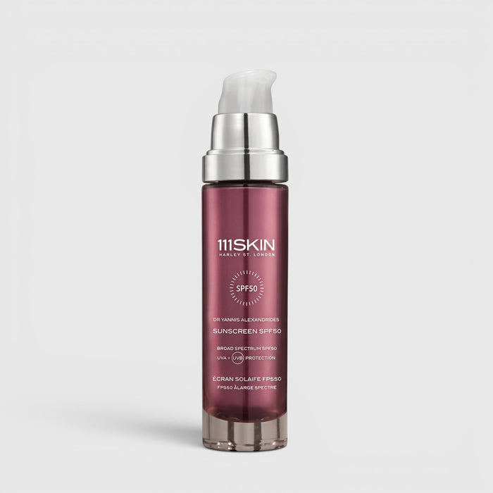Shop Rescue Spa 111SKIN SPF50 broad-spectrum sunscreen in a sleek, dark purple pump bottle for daily UV protection.