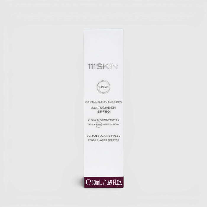 Shop Rescue Spa 111SKIN SPF50 broad-spectrum sunscreen in a white 50ml box for daily UVA and UVB protection.