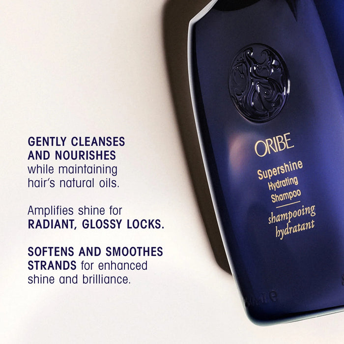 Shop Rescue Spa Oribe Supershine Hydrating Shampoo bottle, dark blue with gold lettering, for glossy, hydrated hair.