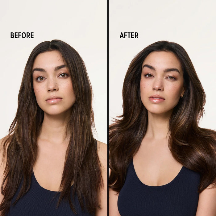 Shop Rescue Spa Supershine Moisturizing Cream before and after results on long brunette hair showing increased shine