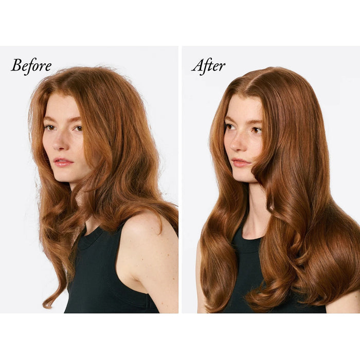 Shop Rescue Spa Supershine Smoothing Wax Stick before and after comparison showing smoother, shinier, and more defined red hair.