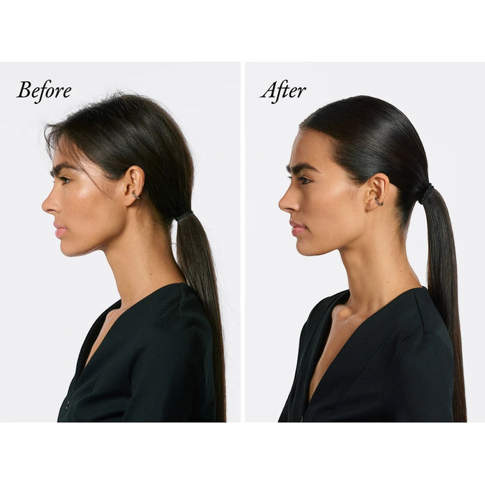 Shop Rescue Spa Supershine Smoothing Wax Stick before and after comparison showing sleek, polished hair with reduced frizz.