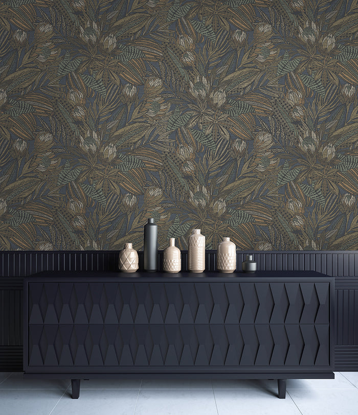 Susara  - Protea Floral Metallic Wallpaper - Navy- Discontinuing