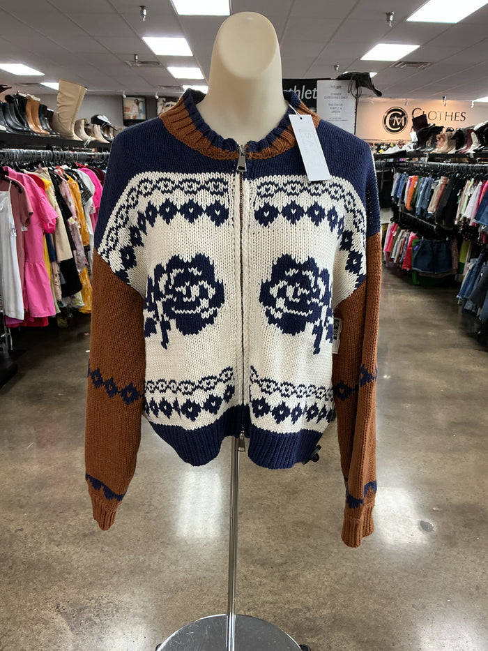 Sweater Cardigan By Sage In Blue & Brown, Size:M