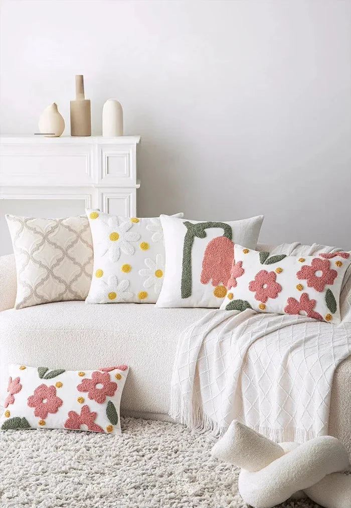 Floral embroidered cotton throw pillow cover daisy design cozy decorative cushion