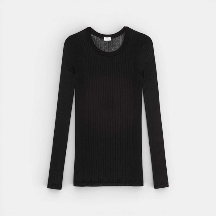 Shop Rescue Spa black long sleeve Pima cotton t-shirt with ribbed texture and eyelash lace trim.