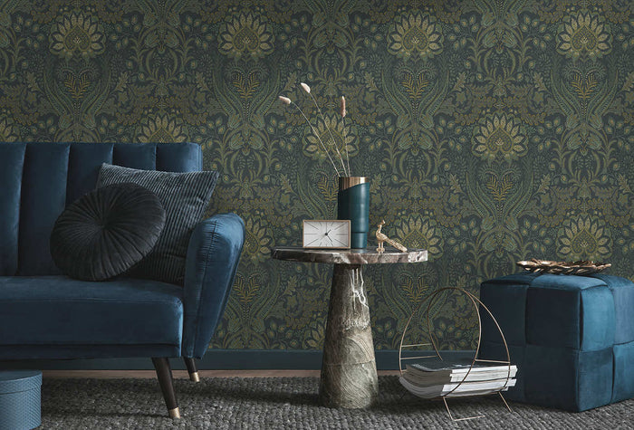 Tahini Damask Bead Wallpaper - Blue - Discontinuing