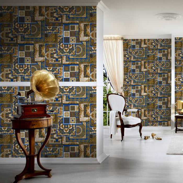 Versace Tapestry Wallpaper - Gold/Blue/White