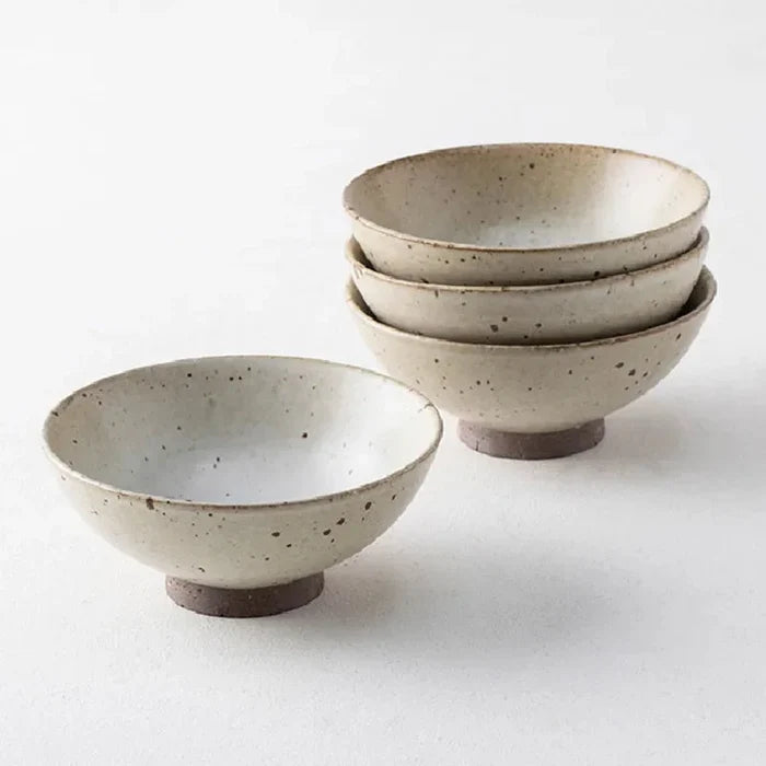 Ceramic retro rice bowls speckled glaze unglazed base set of 4 vintage porcelain bowls