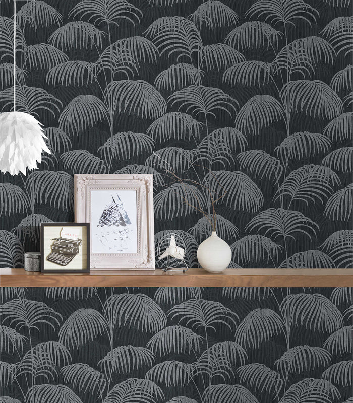 Textured Palm Silk Wallpaper - Black and Grey - Discontinuing