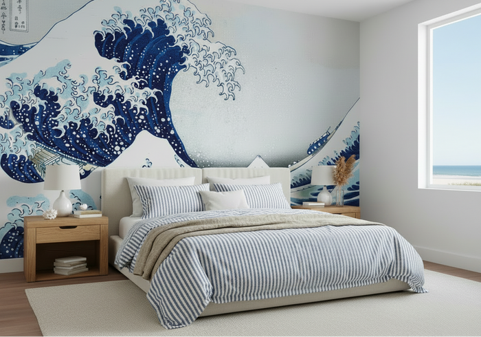 The Great Wave Bedroom - Blue & White Ticking Stripe Bedspread