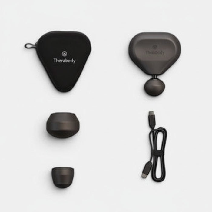 Shop Rescue Spa Theragun Mini 3rd Generation percussive therapy device with 3 attachments and USB-C cable in black.